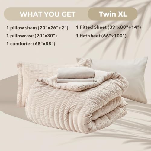 HYMOKEGE Comforter Set Seersucker 7 Pieces, All Season Luxury Bed in a Bag for Bedroom, Bedding Set with Comforters, Sheets, Pillowcases & Shams