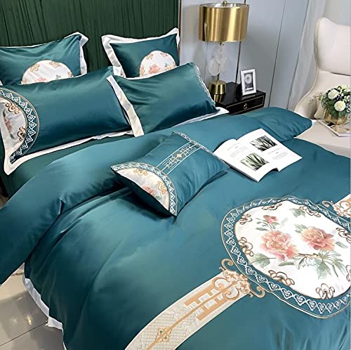 QDKVTNDJZ Bedding Comforter Set, 4 Pieces, Duvet Cover Embroidery Washed Double-Sided Ice Silk Sleeping Skin-Friendly Ruffle Bed Linen Fitted – Soft