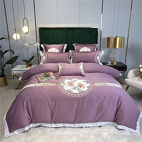 QDKVTNDJZ Bedding Comforter Set, 4 Pieces, Duvet Cover Embroidery Washed Double-Sided Ice Silk Sleeping Skin-Friendly Ruffle Bed Linen Fitted – Soft