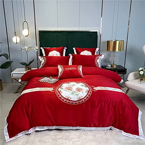 QDKVTNDJZ Bedding Comforter Set, 4 Pieces, Duvet Cover Embroidery Washed Double-Sided Ice Silk Sleeping Skin-Friendly Ruffle Bed Linen Fitted – Soft