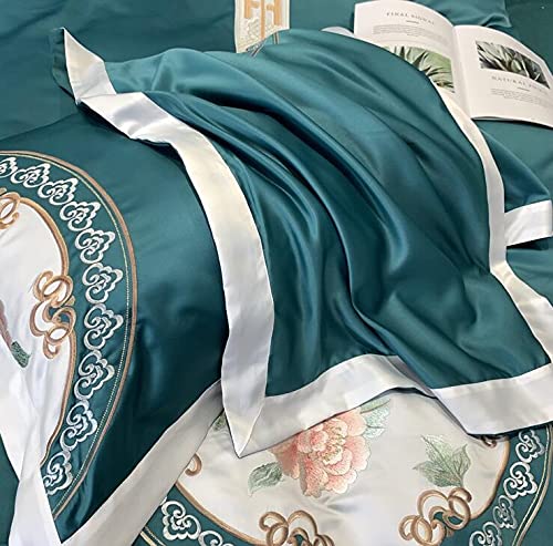 QDKVTNDJZ Bedding Comforter Set, 4 Pieces, Duvet Cover Embroidery Washed Double-Sided Ice Silk Sleeping Skin-Friendly Ruffle Bed Linen Fitted – Soft