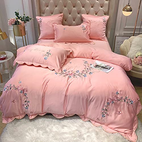 QDKVTNDJZ Bedding Comforter Set, 4 Pieces, Duvet Cover Embroidery Washed Double-Sided Ice Silk Sleeping Skin-Friendly Ruffle Bed Linen Fitted – Soft