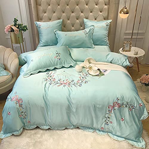 QDKVTNDJZ Bedding Comforter Set, 4 Pieces, Duvet Cover Embroidery Washed Double-Sided Ice Silk Sleeping Skin-Friendly Ruffle Bed Linen Fitted – Soft