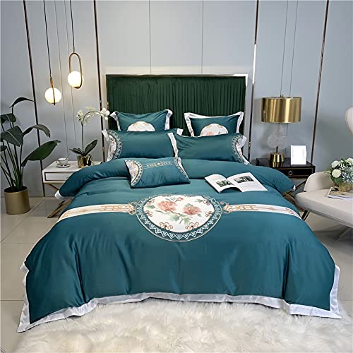 QDKVTNDJZ Bedding Comforter Set, 4 Pieces, Duvet Cover Embroidery Washed Double-Sided Ice Silk Sleeping Skin-Friendly Ruffle Bed Linen Fitted – Soft