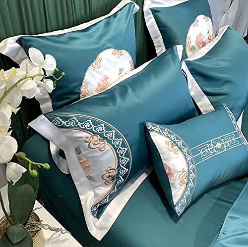 QDKVTNDJZ Bedding Comforter Set, 4 Pieces, Duvet Cover Embroidery Washed Double-Sided Ice Silk Sleeping Skin-Friendly Ruffle Bed Linen Fitted – Soft