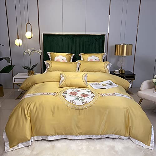 QDKVTNDJZ Bedding Comforter Set, 4 Pieces, Duvet Cover Embroidery Washed Double-Sided Ice Silk Sleeping Skin-Friendly Ruffle Bed Linen Fitted – Soft