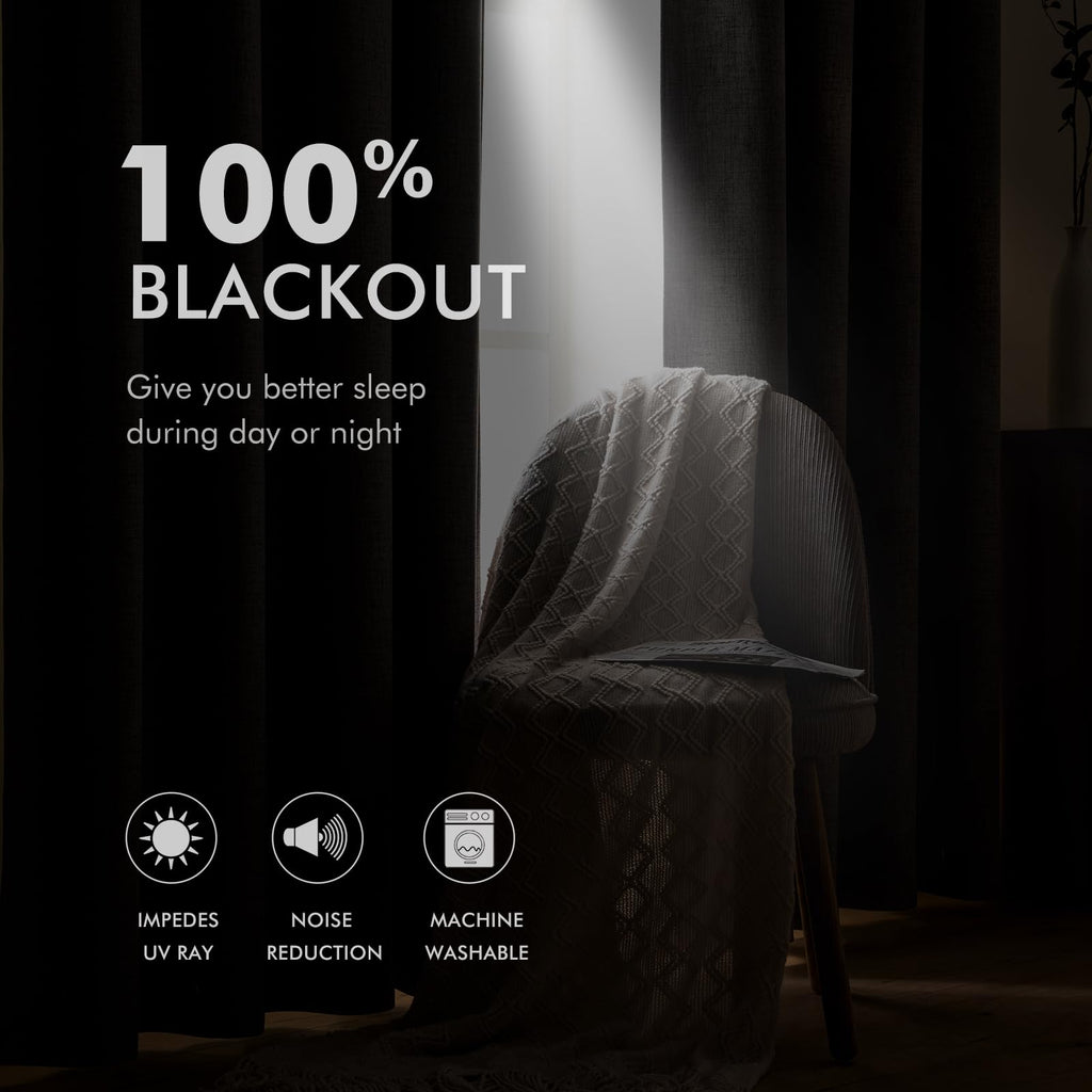 MIULEE 100% Blackout Linen Textured Curtains for Bedroom Thermal Insulated Grommet Room Darkening Drapes for Living Room