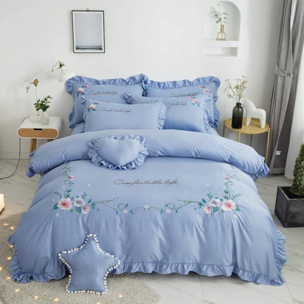 QDKVTNDJZ Bedding Comforter Set, 4 Pieces, Duvet Cover Embroidery Washed Double-Sided Ice Silk Sleeping Skin-Friendly Ruffle Bed Linen Fitted – Soft