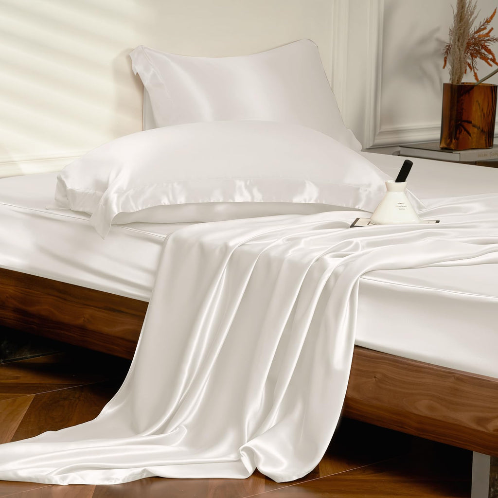 THXSILK 4pcs Silk Bed Sheets Set, 25 Momme Mulberry Silk Bedding Set, Sheets and Pillowcase Set, Extremely Soft and Luxurious