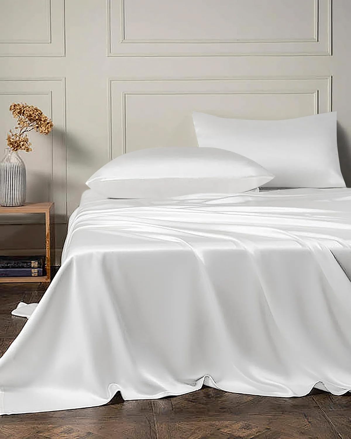 DAISYSILK 19 Momme 4PCS Silk Flat Sheet and Fitted Sheet Set, 2 Silk Pillowcases and 1 Silk Fitted Sheet and 1 Silk Fitted Sheet,16 Inch Deep Pocket