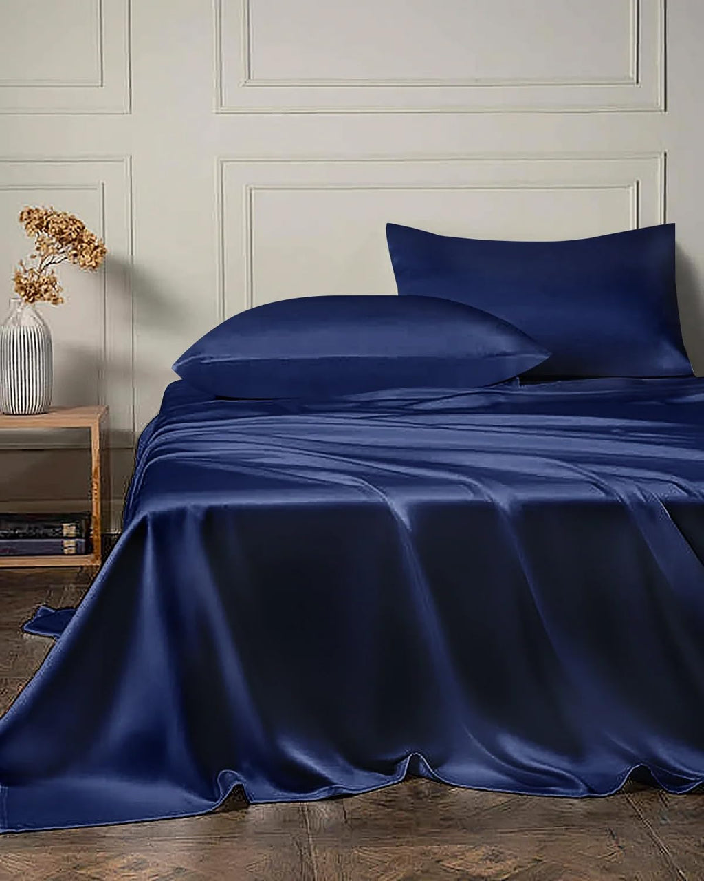 DAISYSILK 19 Momme 4PCS Silk Flat Sheet and Fitted Sheet Set, 2 Silk Pillowcases and 1 Silk Fitted Sheet and 1 Silk Fitted Sheet,16 Inch Deep Pocket