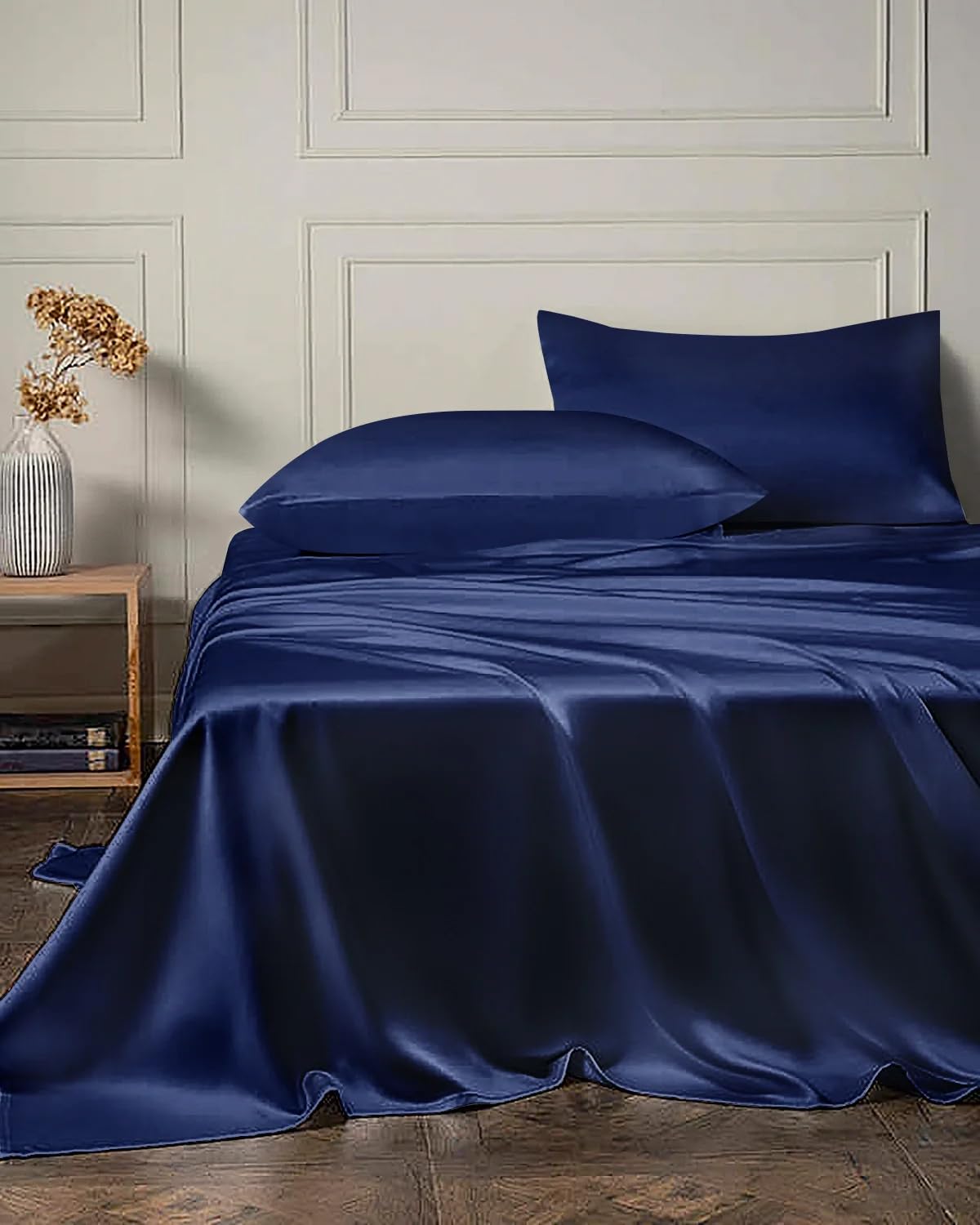 DAISYSILK 19 Momme 4PCS Silk Flat Sheet and Fitted Sheet Set, 2 Silk Pillowcases and 1 Silk Fitted Sheet and 1 Silk Fitted Sheet,16 Inch Deep Pocket