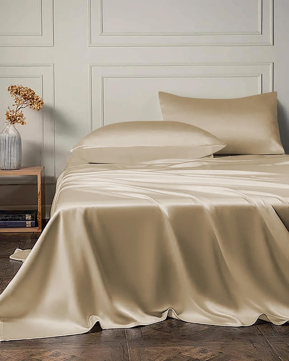 DAISYSILK 19 Momme 4PCS Silk Flat Sheet and Fitted Sheet Set, 2 Silk Pillowcases and 1 Silk Fitted Sheet and 1 Silk Fitted Sheet,16 Inch Deep Pocket