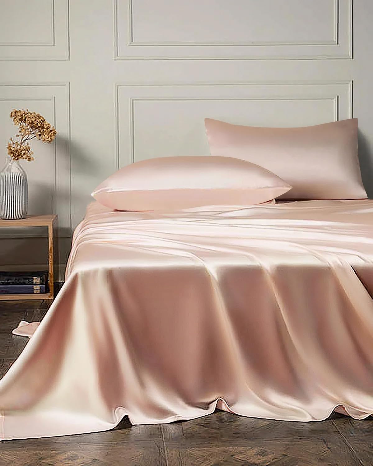 DAISYSILK 19 Momme 4PCS Silk Flat Sheet and Fitted Sheet Set, 2 Silk Pillowcases and 1 Silk Fitted Sheet and 1 Silk Fitted Sheet,16 Inch Deep Pocket