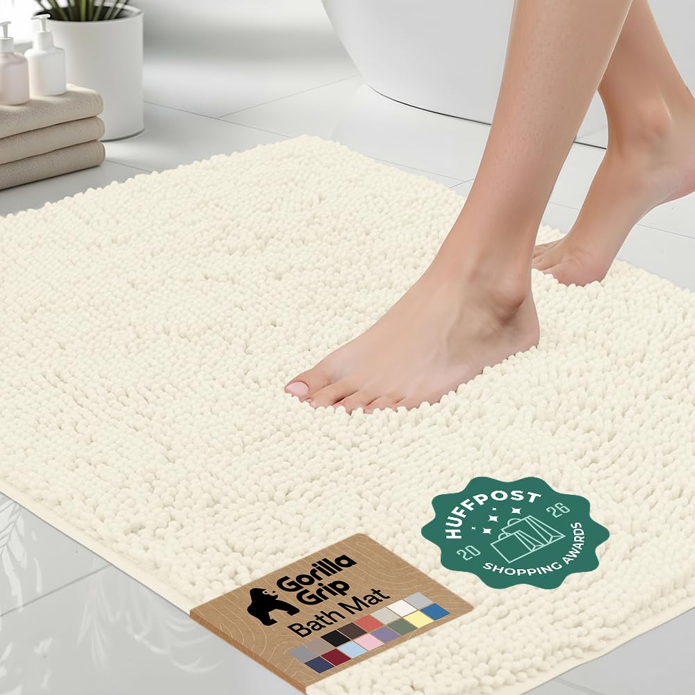 GORILLA GRIP Bath Rug Mat, Thick Soft Absorbent Chenille, Rubber Backing Quick Dry Microfiber Mats, Machine Washable Rugs for Shower Floor, Bathroom Runner Contour Bathmat Accessories Décor
