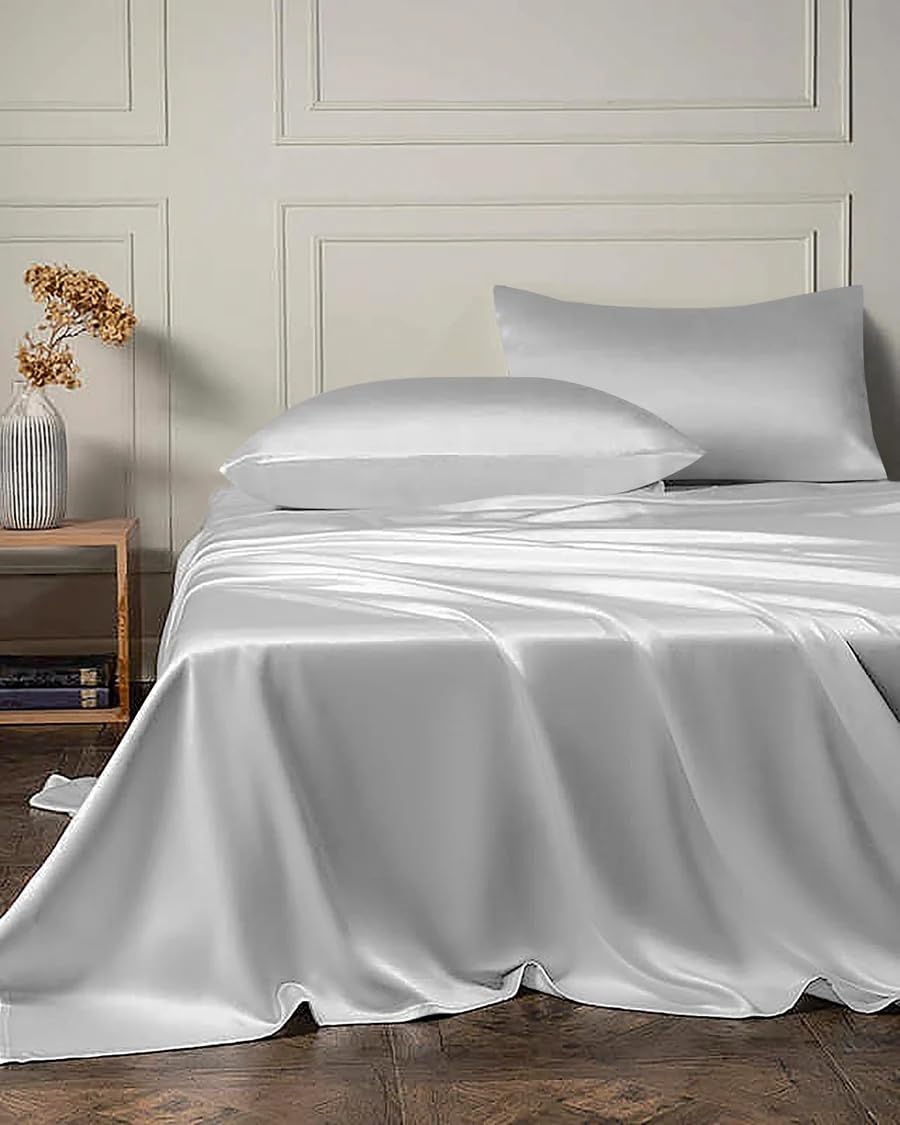 DAISYSILK 19 Momme 4PCS Silk Flat Sheet and Fitted Sheet Set, 2 Silk Pillowcases and 1 Silk Fitted Sheet and 1 Silk Fitted Sheet,16 Inch Deep Pocket