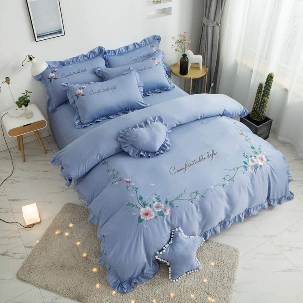 QDKVTNDJZ Bedding Comforter Set, 4 Pieces, Duvet Cover Embroidery Washed Double-Sided Ice Silk Sleeping Skin-Friendly Ruffle Bed Linen Fitted – Soft