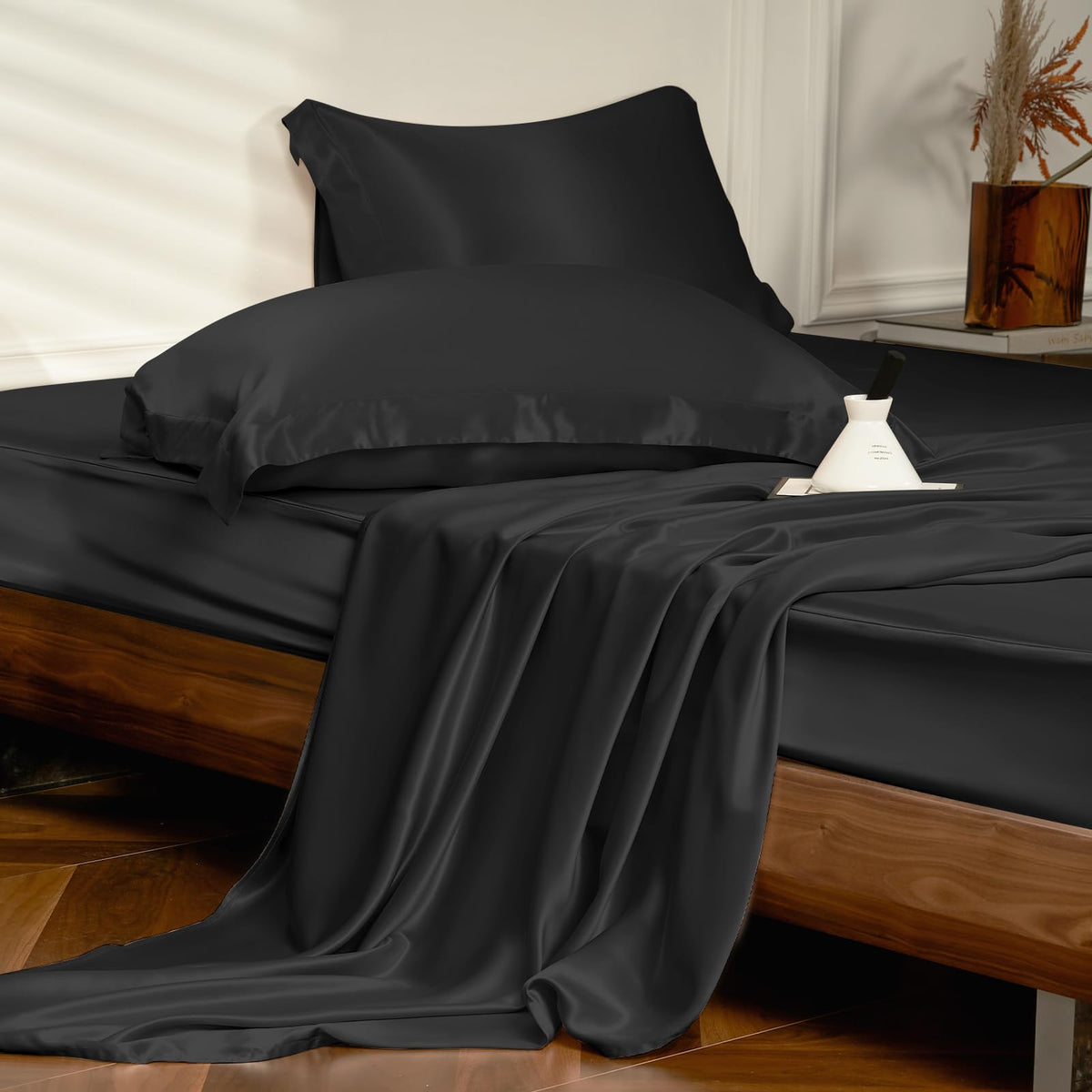 THXSILK 4pcs Silk Bed Sheets Set, 25 Momme Mulberry Silk Bedding Set, Sheets and Pillowcase Set, Extremely Soft and Luxurious