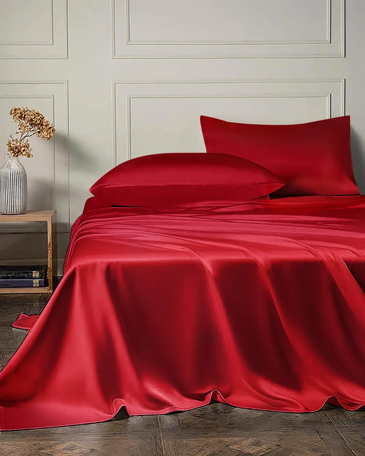 DAISYSILK 19 Momme 4PCS Silk Flat Sheet and Fitted Sheet Set, 2 Silk Pillowcases and 1 Silk Fitted Sheet and 1 Silk Fitted Sheet,16 Inch Deep Pocket