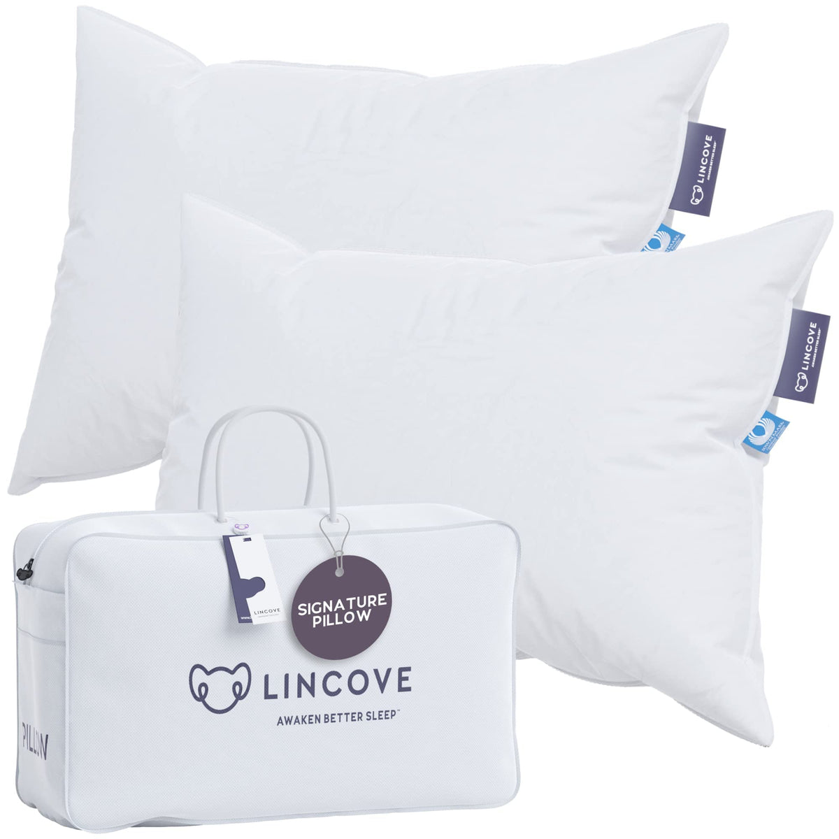 Lincove Signature 100% Natural Canadian White Down Luxury Sleeping Pillow - 800 Fill Power, 500 Thread Count Cotton Shell, Made in Canada