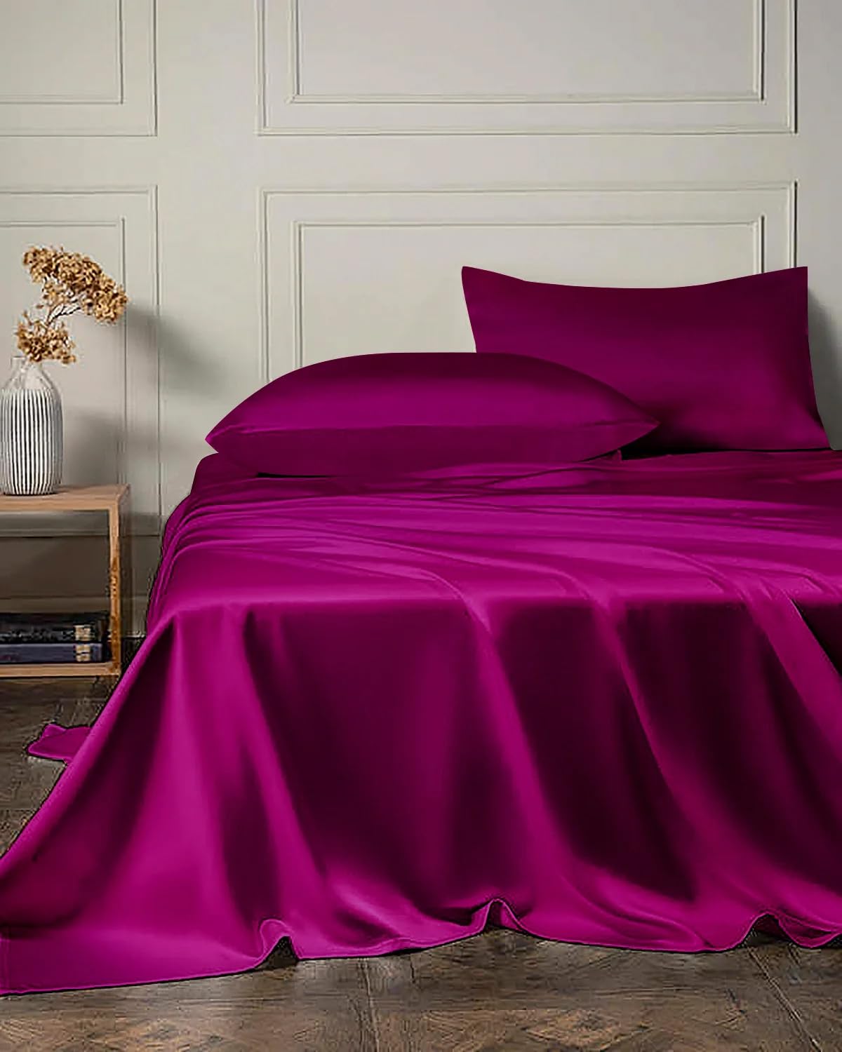 DAISYSILK 19 Momme 4PCS Silk Flat Sheet and Fitted Sheet Set, 2 Silk Pillowcases and 1 Silk Fitted Sheet and 1 Silk Fitted Sheet,16 Inch Deep Pocket