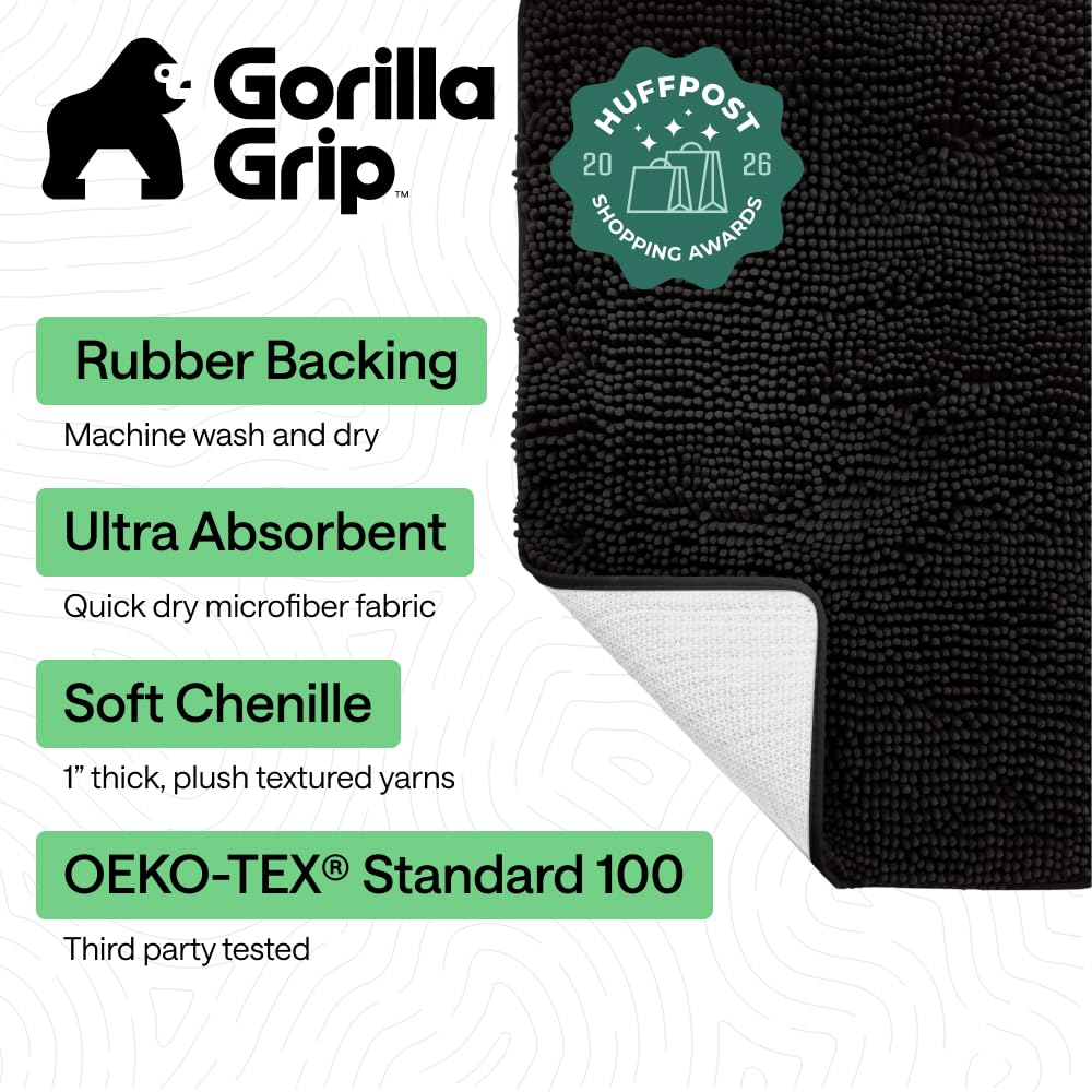 GORILLA GRIP Bath Rug Mat, Thick Soft Absorbent Chenille, Rubber Backing Quick Dry Microfiber Mats, Machine Washable Rugs for Shower Floor, Bathroom Runner Contour Bathmat Accessories Décor