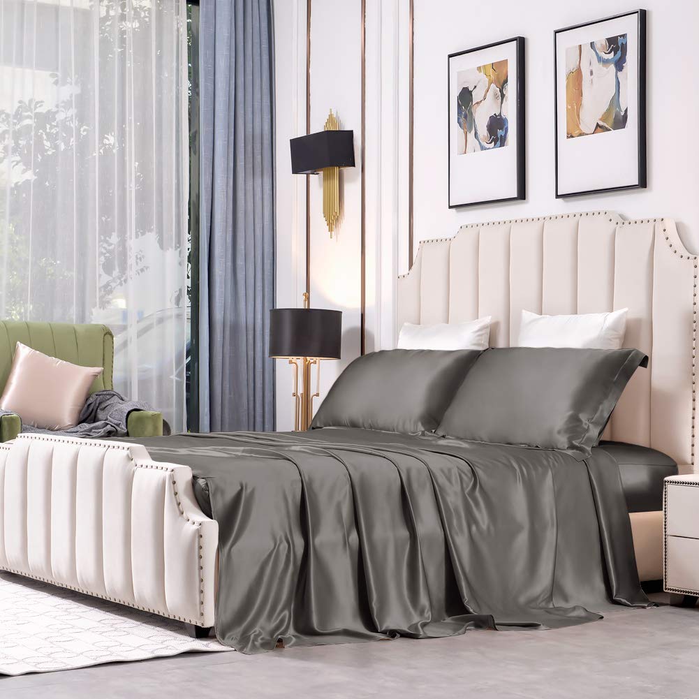 THXSILK 4pcs Silk Bed Sheets Set, 25 Momme Mulberry Silk Bedding Set, Sheets and Pillowcase Set, Extremely Soft and Luxurious