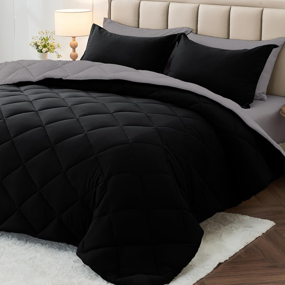 MUXHOMO 7 Pieces Comforter Set, Reversible Bed in a Bag for All Season, Bedding Set with Comforter, Flat Sheet, Fitted Sheet, Pillowcases & Shams