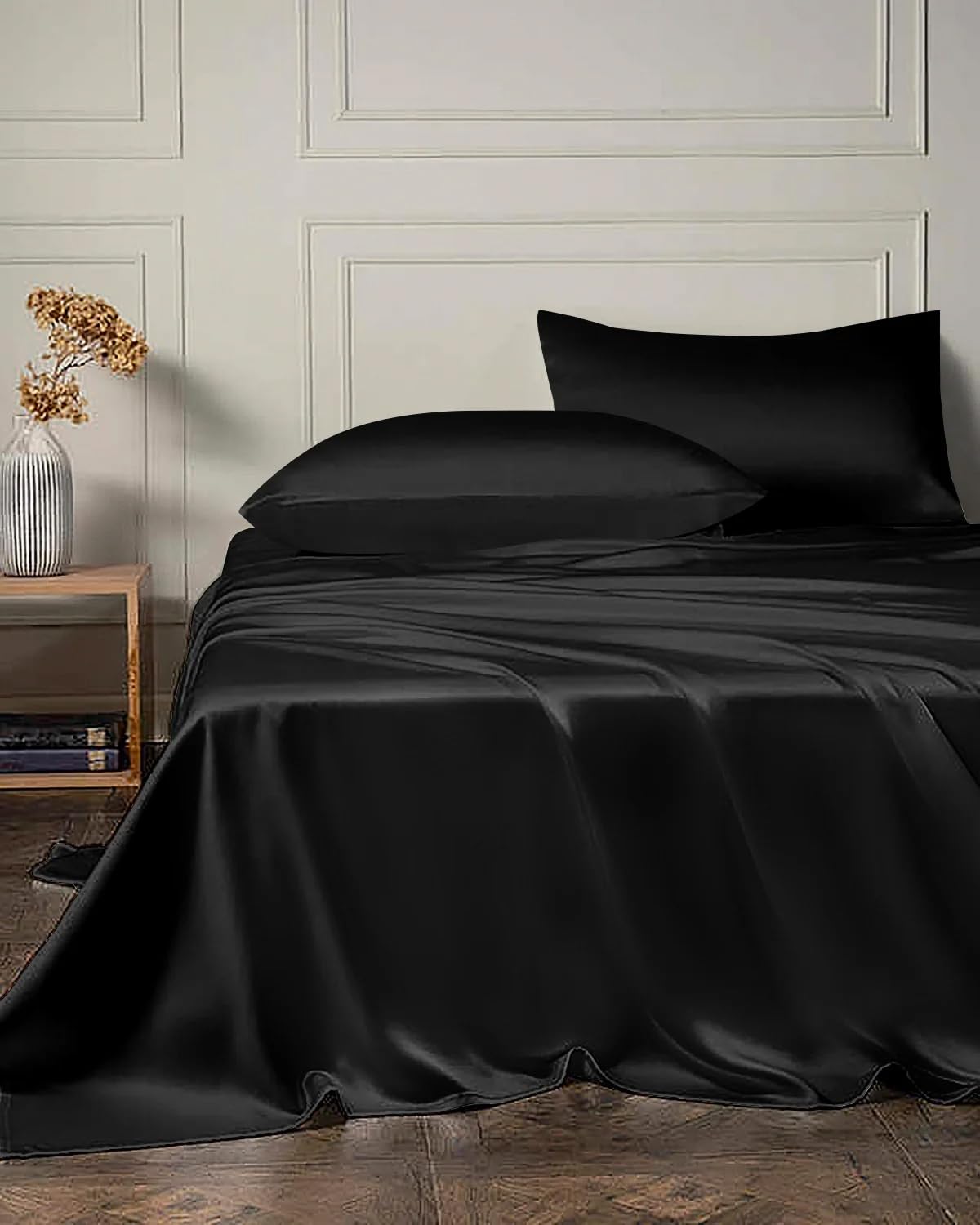 DAISYSILK 19 Momme 4PCS Silk Flat Sheet and Fitted Sheet Set, 2 Silk Pillowcases and 1 Silk Fitted Sheet and 1 Silk Fitted Sheet,16 Inch Deep Pocket