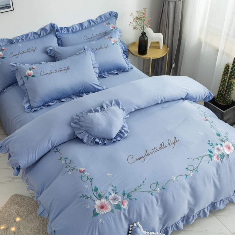 QDKVTNDJZ Bedding Comforter Set, 4 Pieces, Duvet Cover Embroidery Washed Double-Sided Ice Silk Sleeping Skin-Friendly Ruffle Bed Linen Fitted – Soft