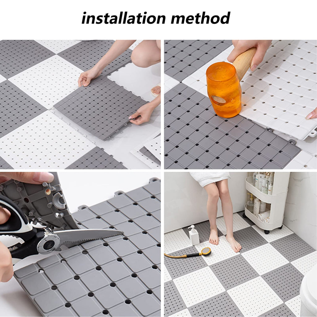 Bathroom Rug Mat，Floor Mat PVC Non-Slip Rubber Bath Mat 30x30cm Interlocking Rubber Floor Tiles, with Drainage Holes and Suction Cups for Bathroom Kitchen Gym