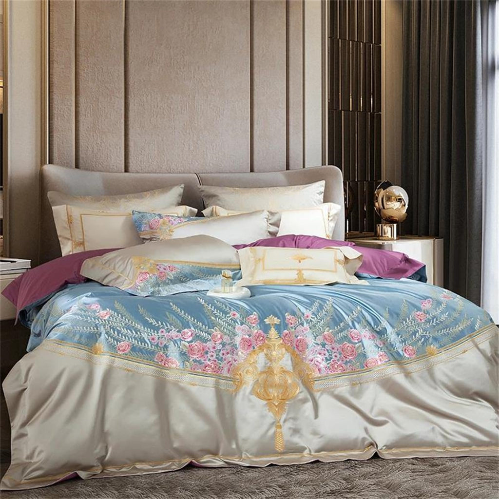 YUSIWOAL Queen King Size 8 Piece Premium Luxury Embroidery Satin Cotton Bedding Set with 800Tc Textured Weave Cover Fitted/Flat Sheet and Decor Pillows