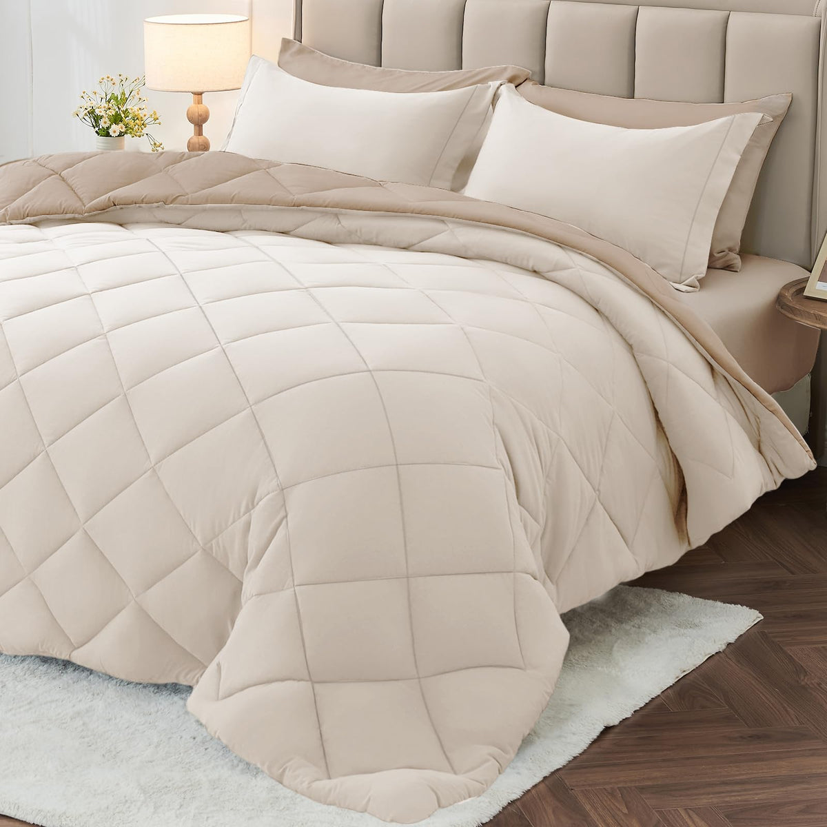 MUXHOMO 7 Pieces Comforter Set, Reversible Bed in a Bag for All Season, Bedding Set with Comforter, Flat Sheet, Fitted Sheet, Pillowcases & Shams