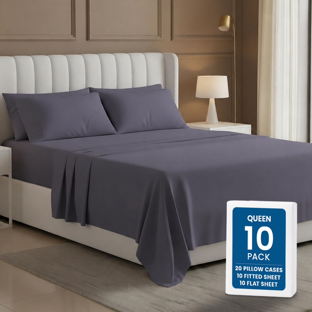 Bulk 10-Pack Queen Deep Pocket Sheet Set For Hotel, Resort & Motel, Grey