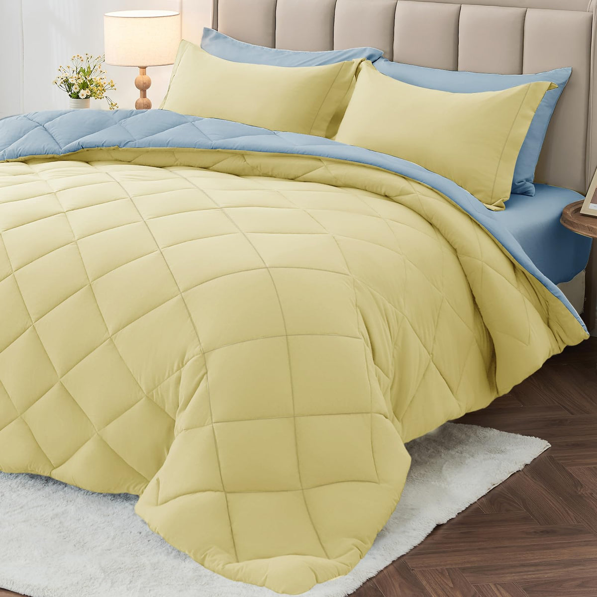 MUXHOMO 7 Pieces Comforter Set, Reversible Bed in a Bag for All Season, Bedding Set with Comforter, Flat Sheet, Fitted Sheet, Pillowcases & Shams