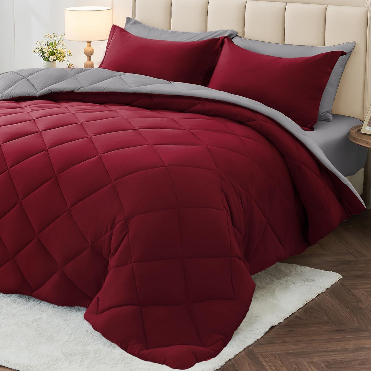 MUXHOMO 7 Pieces Comforter Set, Reversible Bed in a Bag for All Season, Bedding Set with Comforter, Flat Sheet, Fitted Sheet, Pillowcases & Shams