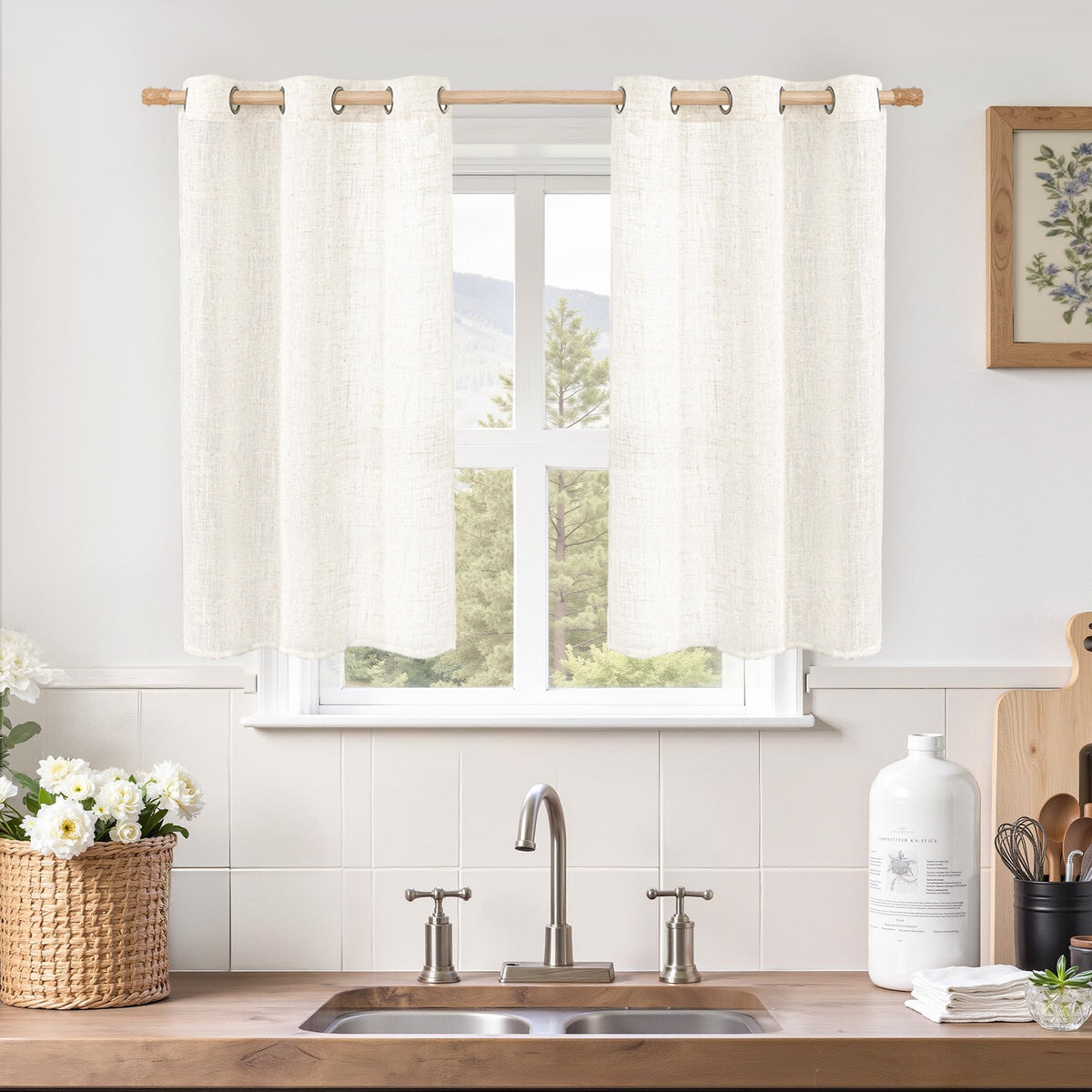 LAMIT Natural Faux Linen Curtains for Bedroom, Bronze Grommet Light Filtering Burlap Drapes, Set of 2 Panels