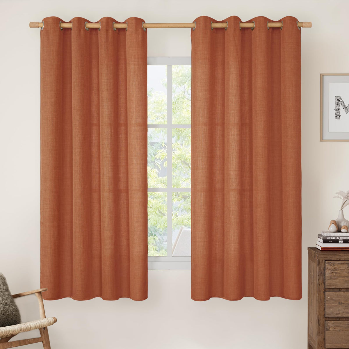 LAMIT Natural Faux Linen Curtains for Bedroom, Bronze Grommet Light Filtering Burlap Drapes, Set of 2 Panels