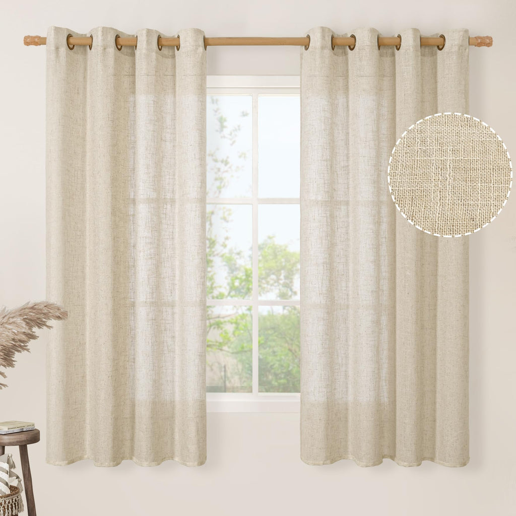 LAMIT Natural Faux Linen Curtains for Bedroom, Bronze Grommet Light Filtering Burlap Drapes, Set of 2 Panels