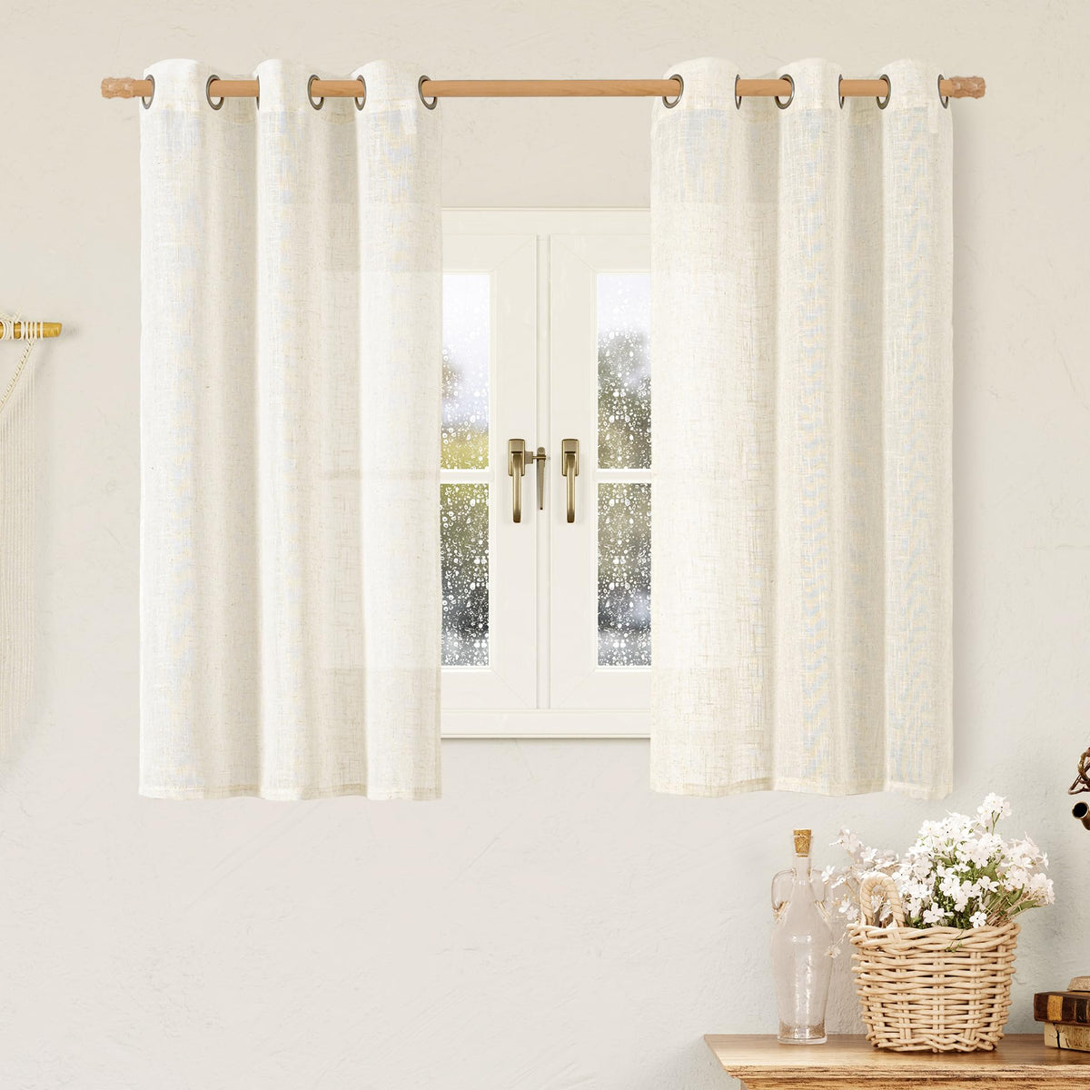 LAMIT Natural Faux Linen Curtains for Bedroom, Bronze Grommet Light Filtering Burlap Drapes, Set of 2 Panels