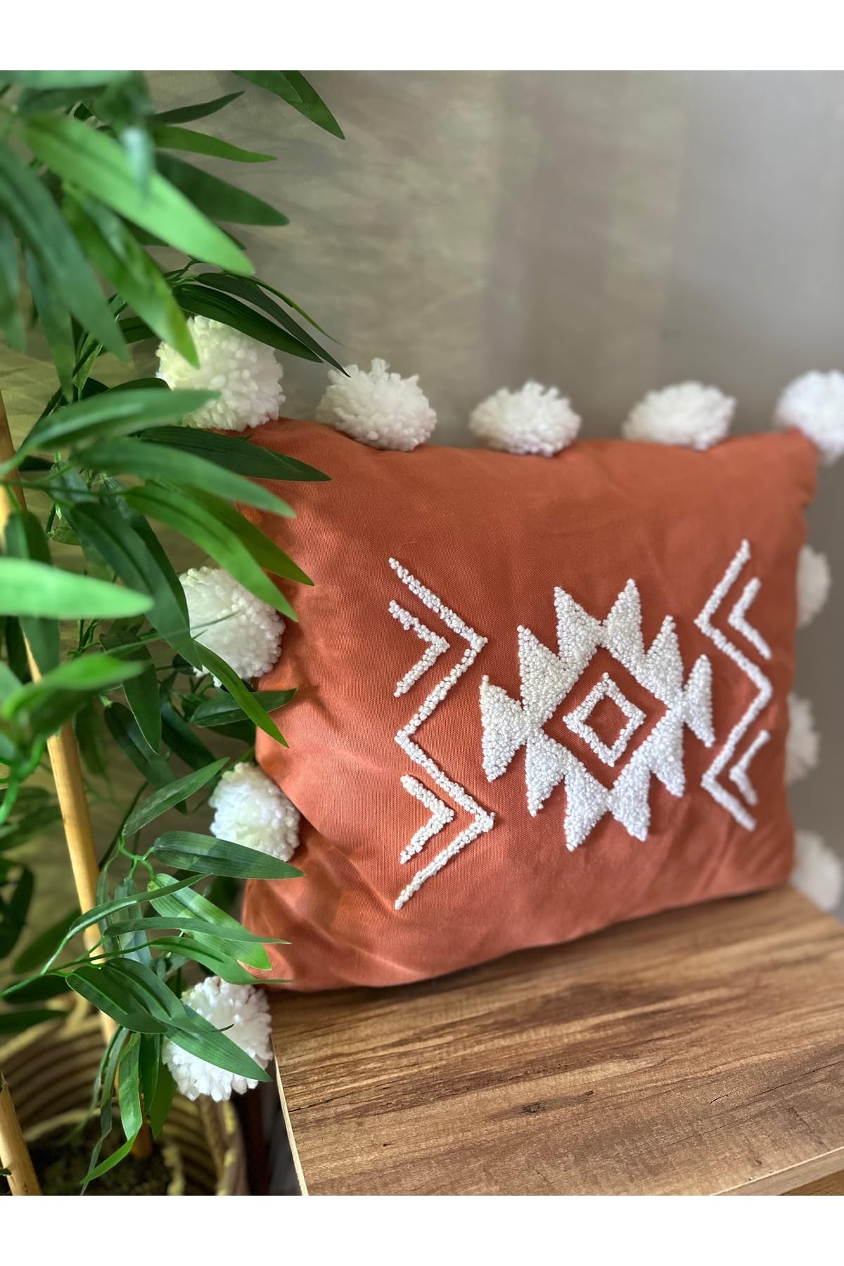 SODEF Decorative Throw Pillow Cover with Pom Poms, 18x18 in, Linen Cushion Cover, Bohemian Style, Orange - Orange