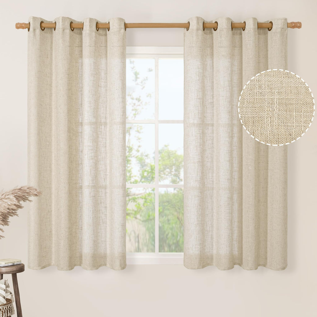 LAMIT Natural Faux Linen Curtains for Bedroom, Bronze Grommet Light Filtering Burlap Drapes, Set of 2 Panels