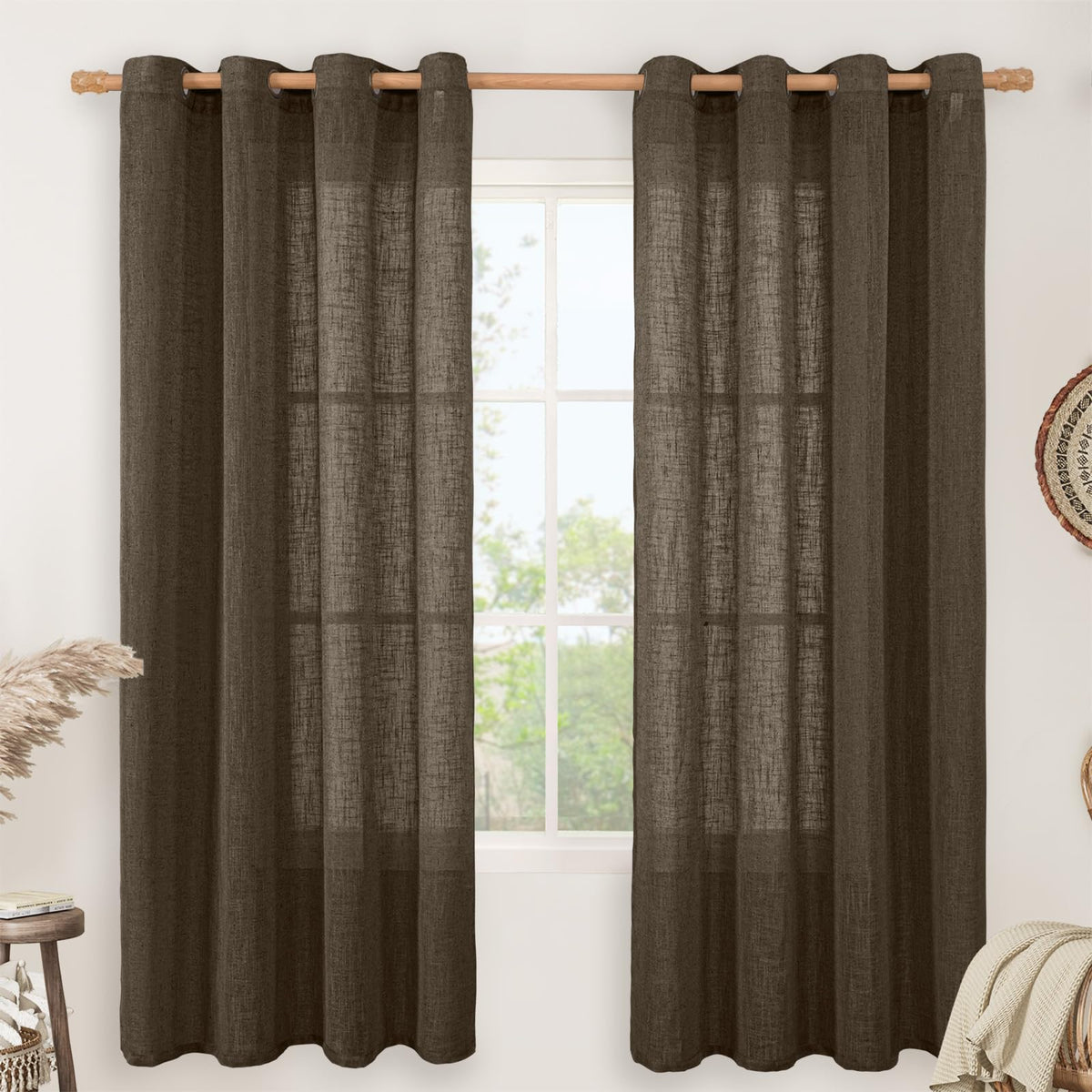 LAMIT Natural Faux Linen Curtains for Bedroom, Bronze Grommet Light Filtering Burlap Drapes, Set of 2 Panels