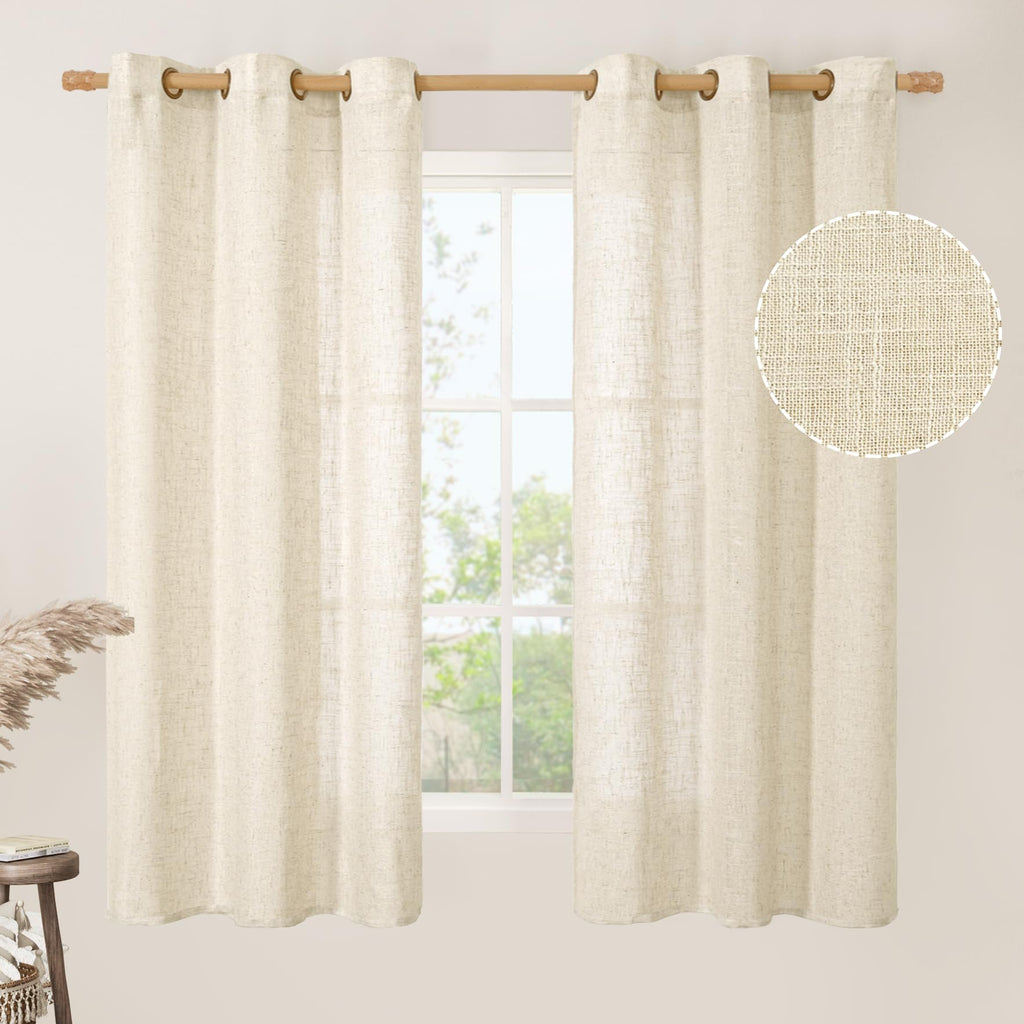 LAMIT Natural Faux Linen Curtains for Bedroom, Bronze Grommet Light Filtering Burlap Drapes, Set of 2 Panels