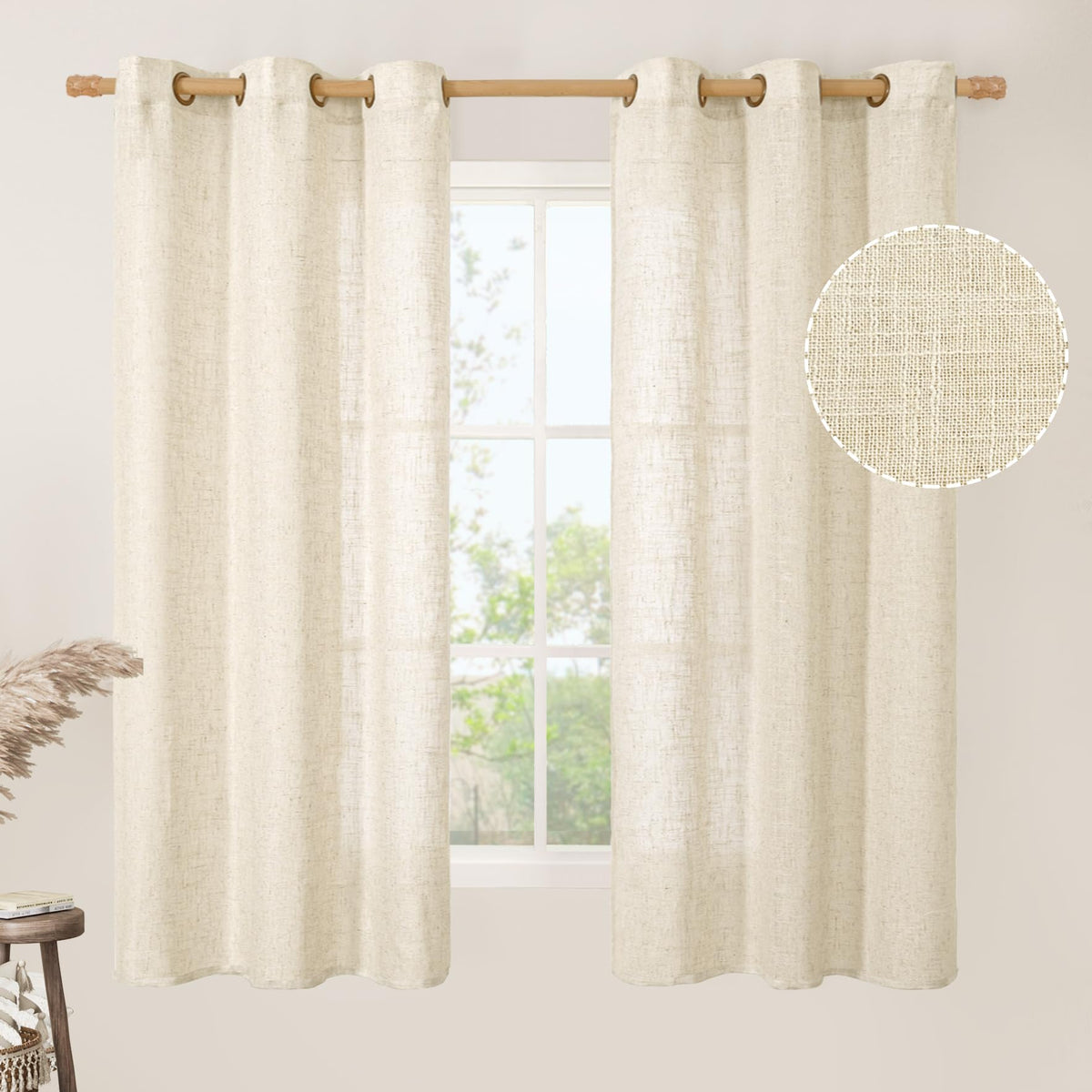 LAMIT Natural Faux Linen Curtains for Bedroom, Bronze Grommet Light Filtering Burlap Drapes, Set of 2 Panels