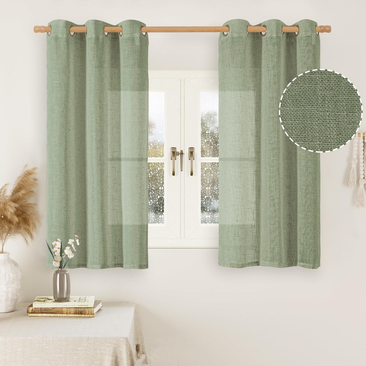 LAMIT Natural Faux Linen Curtains for Bedroom, Bronze Grommet Light Filtering Burlap Drapes, Set of 2 Panels