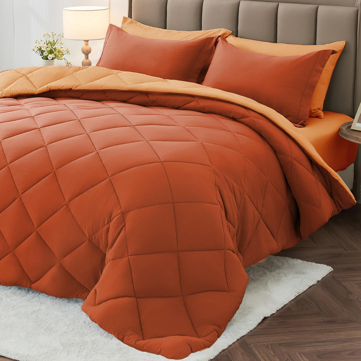 MUXHOMO 7 Pieces Comforter Set, Reversible Bed in a Bag for All Season, Bedding Set with Comforter, Flat Sheet, Fitted Sheet, Pillowcases & Shams