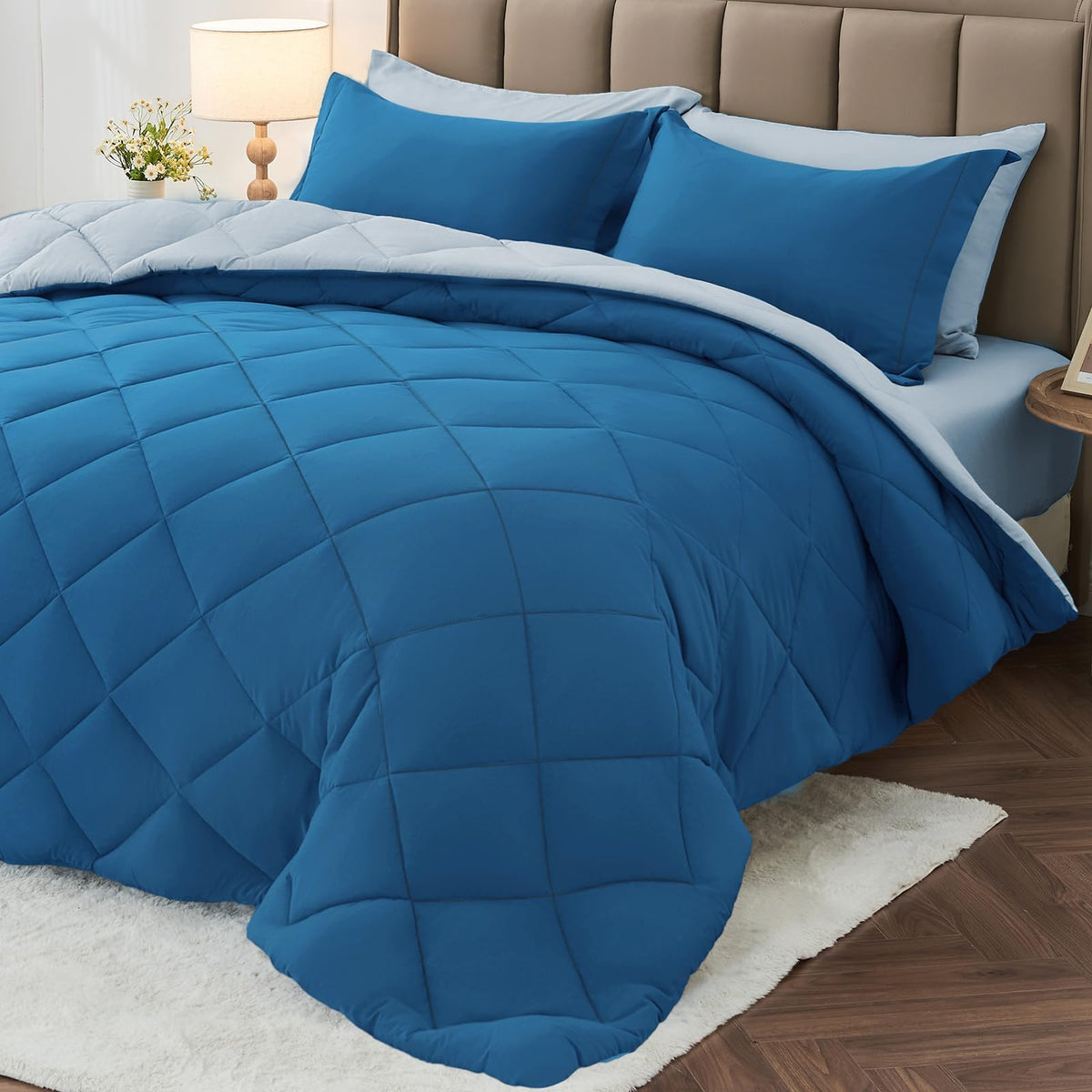 MUXHOMO 7 Pieces Comforter Set, Reversible Bed in a Bag for All Season, Bedding Set with Comforter, Flat Sheet, Fitted Sheet, Pillowcases & Shams
