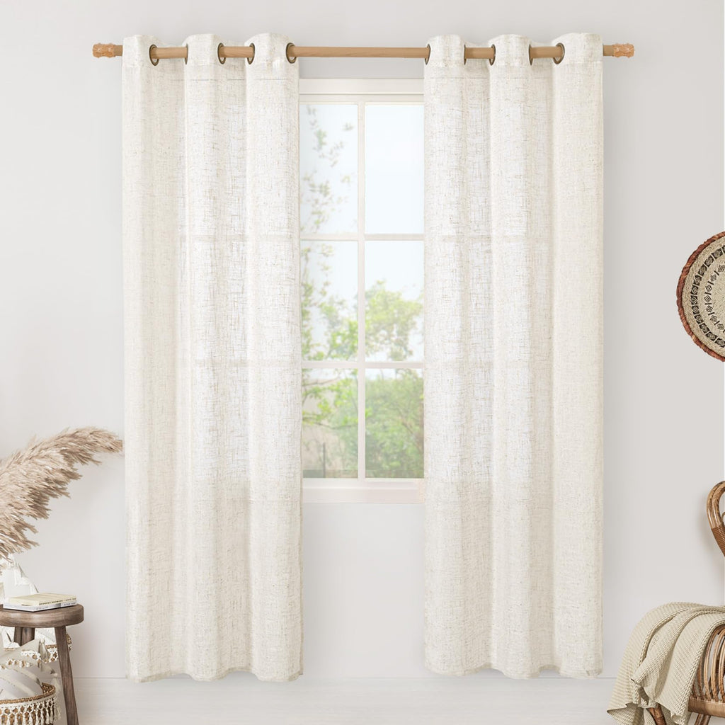 LAMIT Natural Faux Linen Curtains for Bedroom, Bronze Grommet Light Filtering Burlap Drapes, Set of 2 Panels