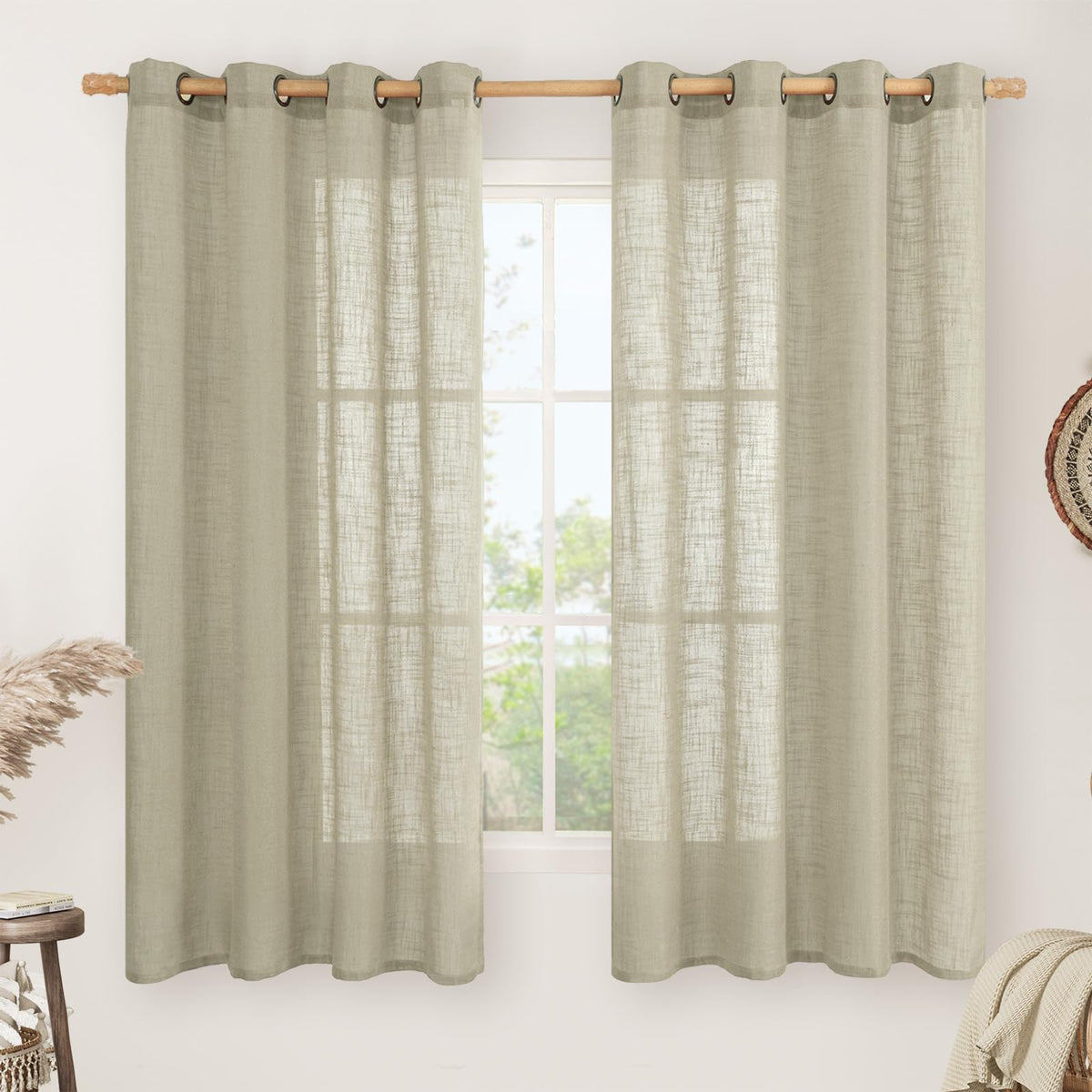 LAMIT Natural Faux Linen Curtains for Bedroom, Bronze Grommet Light Filtering Burlap Drapes, Set of 2 Panels
